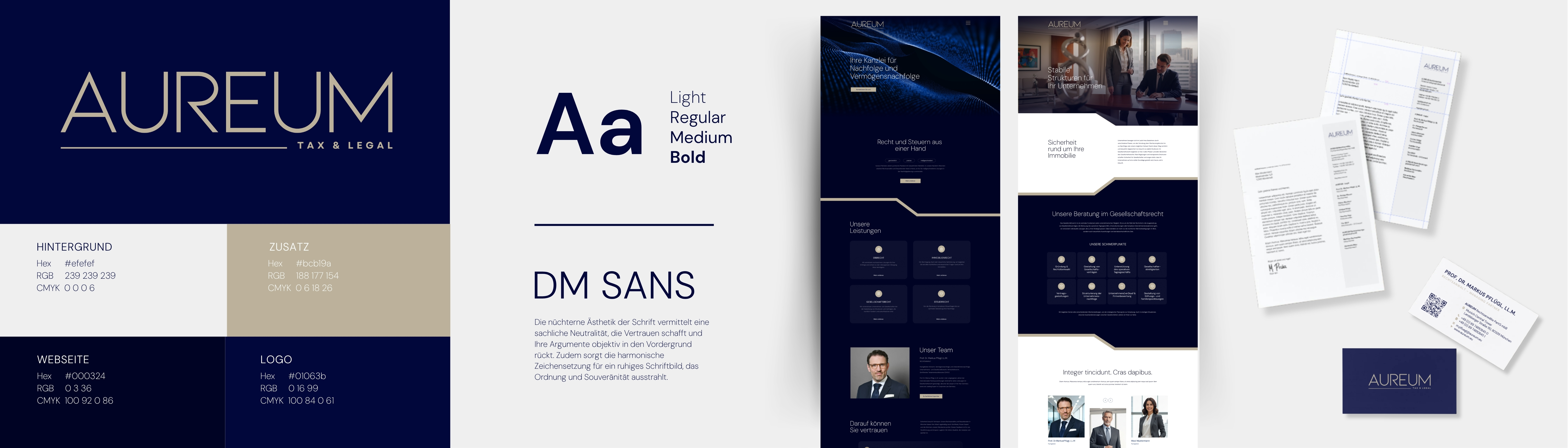 Collage des Aureum Tax & Legal Designsystems mit Logo, Farbwelt, Typografie, Website und Geschäftsausstattung