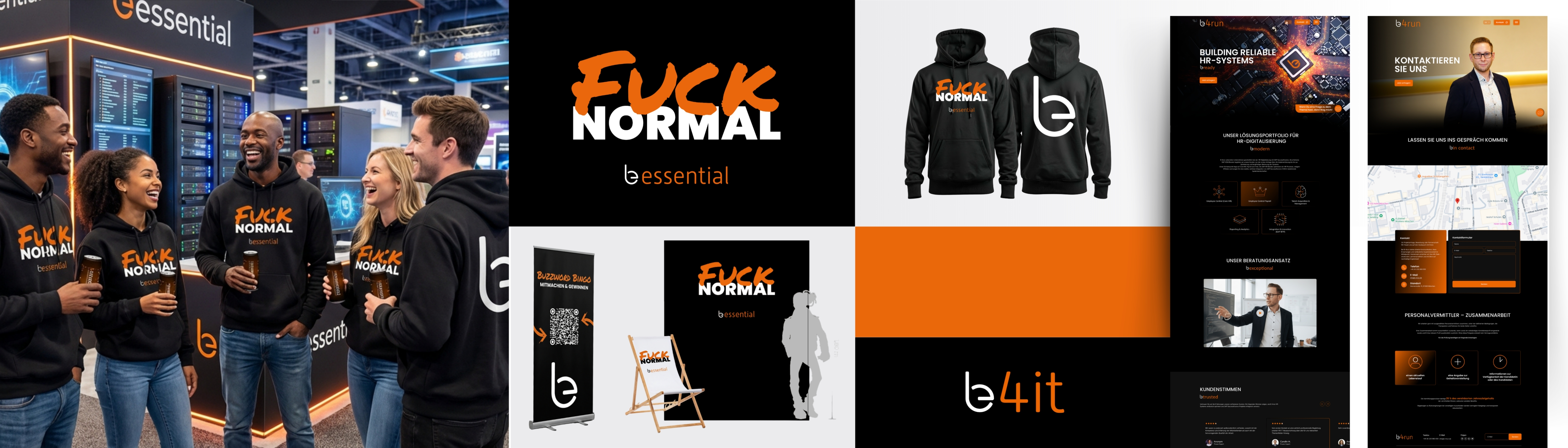 Collage des B-4it Markenauftritts mit Messestand, Merchandise, Logo, Website und Kampagnenmotiven
