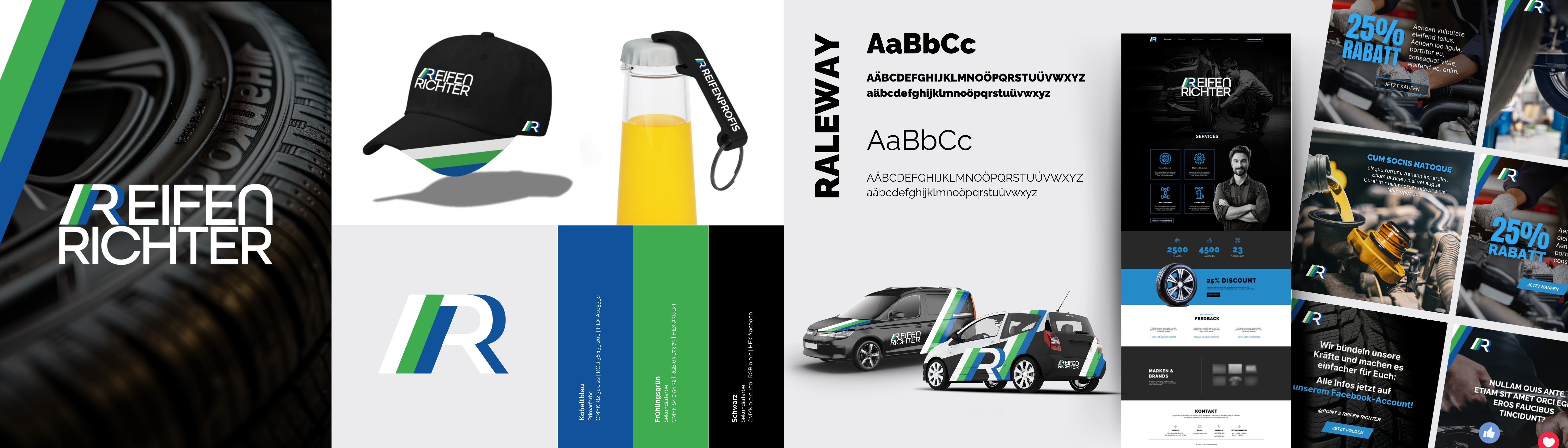 Collage des Reifen Richter Rebrandings mit Logo, Fahrzeugfolierung, Website, Merchandise und Social-Media-Motiven