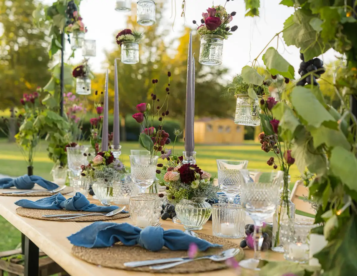 Festlich gedeckte Tafel mit Weingläsern im Freien